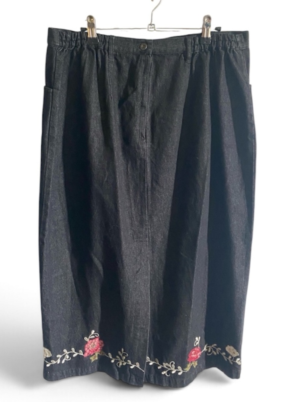 Denim & Co Embroidered Maxi Skirt Womens 1X Black Denim Modest Whimsigoth Casual